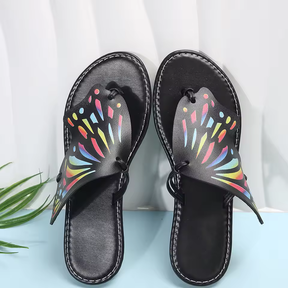 Casual Butterfly Graffiti Lightweight Anti Slip Flat Bottom Flip Flops Outdoor Beach Slippers - Image 7
