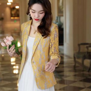 Elegant Lace Hollow Out Korean Fashion Long Sleeve Loose Casual Cardigan Blazers