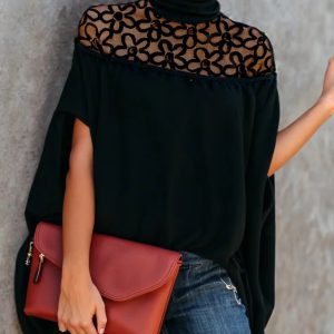 Hollowed Floral Embroidered Turtle-neck Fashion Short Sleeves Elegant Loose Fit T-shirt