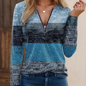 Printed Burnt Flower Pattern V Neck Zipper Splicing Long-Sleeved T-Shirt