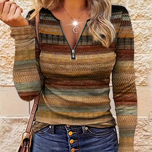Printed Fashionable Retro Texture Zippered Top