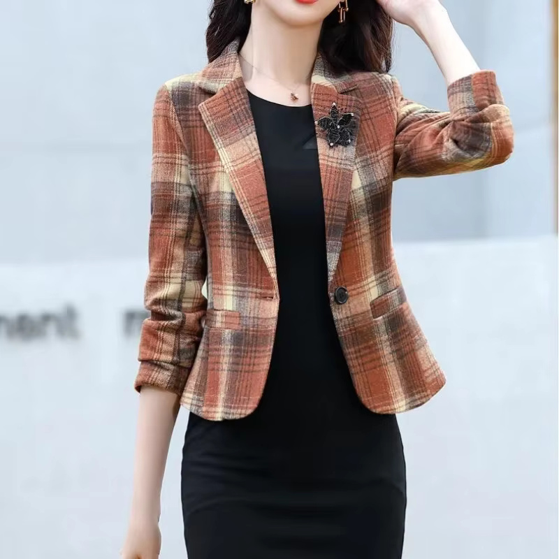 Turn-down Collar Cardigan Plaid Fashion Vintage Stylish Long Sleeve Coats