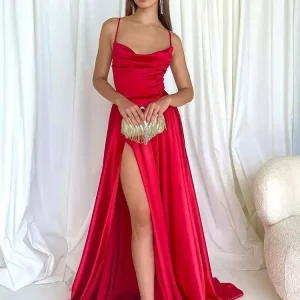 Satin Gown Lace-up Back Spaghetti Straps Formal Party Long Dress