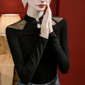 Vintage Irregular Mesh Long Sleeve Unique Qipao Base Collarbone Tops T-Shirt