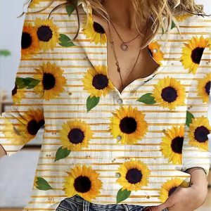 Stylish Single-Breasted suflower Print Casual Basic Tops