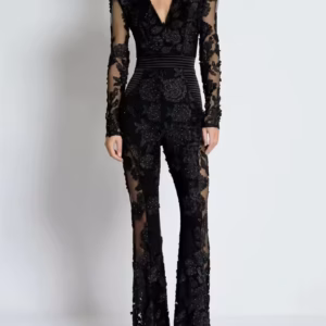 Elegant Long Sleeve Deep V Neck Embroidery Beading Celebrity Jumpsuits