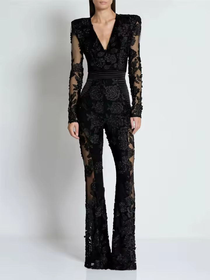 Elegant Long Sleeve Deep V Neck Embroidery Beading Celebrity Jumpsuits