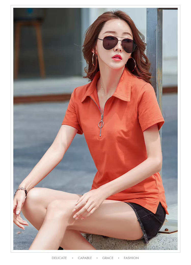 Elegant Style Zipper Neck Short Sleeve Polo Cotton T Shirt - Image 7