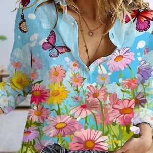 Trendy Single-Breasted Cactus and Succulent Print Shirts