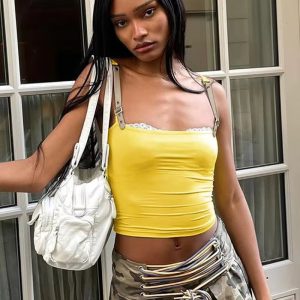 Street Fashion Sleeveless Lace Patchwork Camis Crop Tops