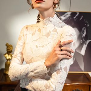 See Through Fashion Brushed Lace Shirt Long Sleeved T-shirt