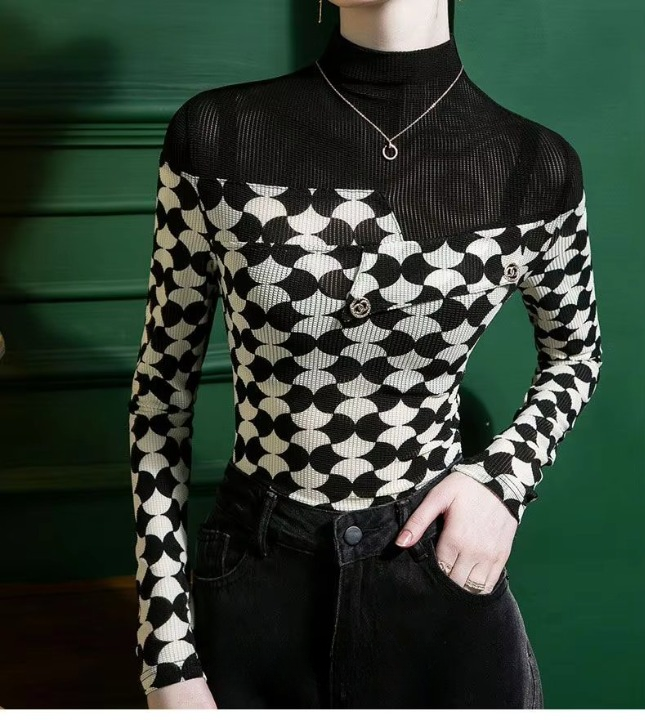Printed Fashion Casual Half High Collar Spliced Korean Slim Long Sleeve Printed T-shirt - Image 3