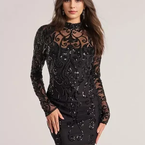 Sequin Long Sleeve Mock Neckline Sheer Bodycon Mini Dress