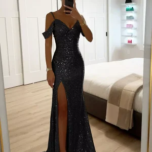 Sequin Strap Off-shoulder Ruched Long Party Maxi Dress