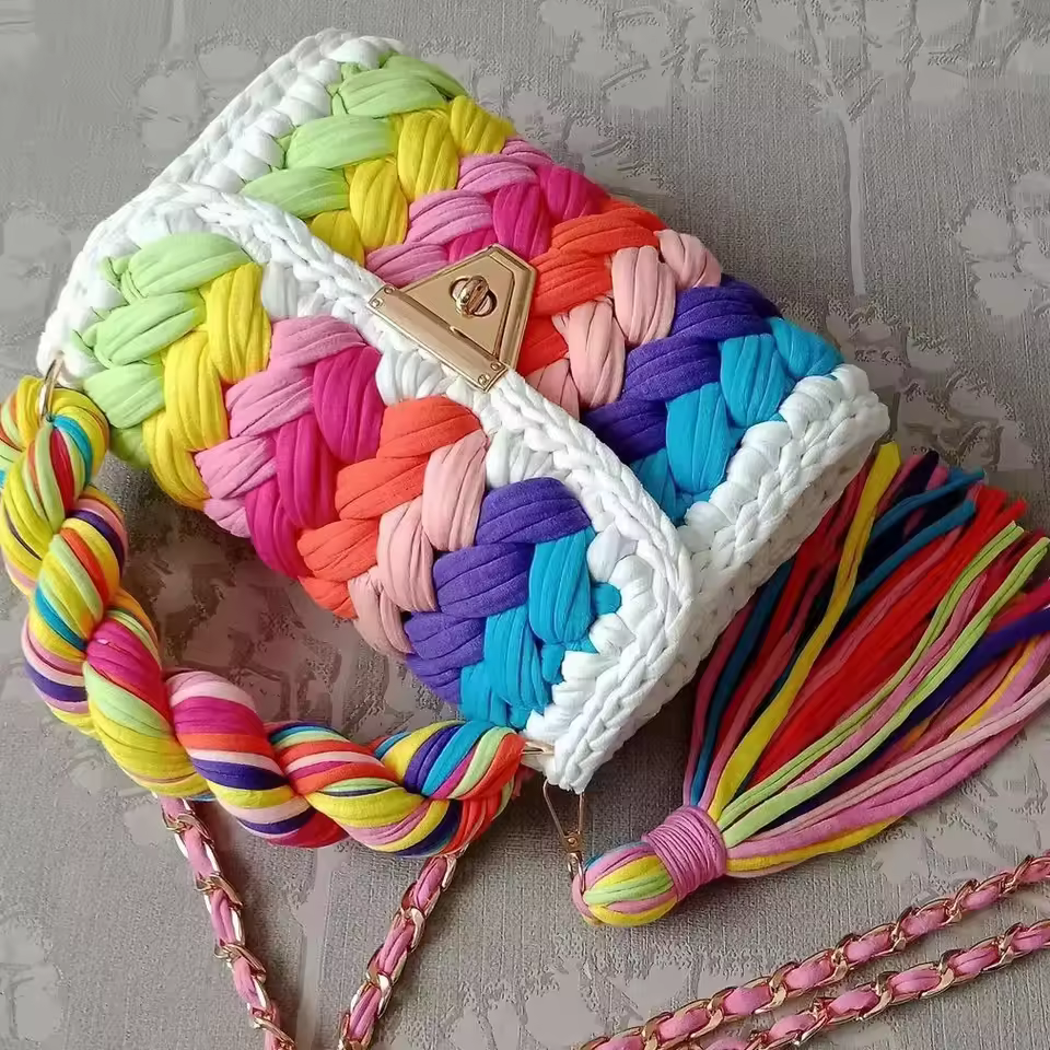 Sequined Handmade Crochet Woven Fabric Strip Handbag Purses - Image 5