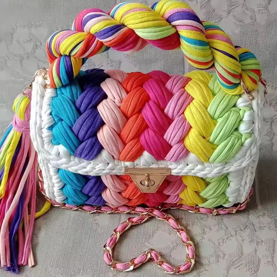 Sequined Handmade Crochet Woven Fabric Strip Handbag Purses - Image 3