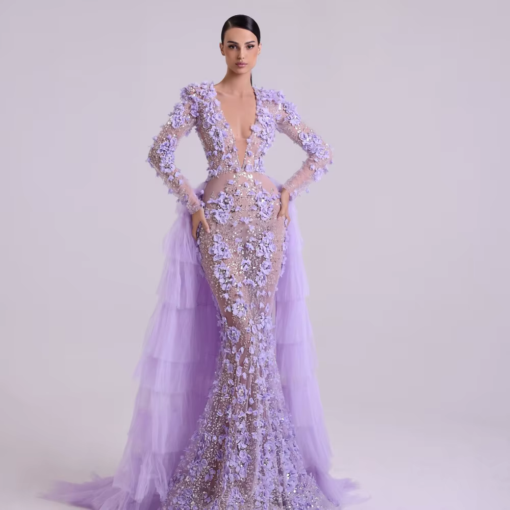Sequins Mermaid 3D Flowers Long Sleeves V-Neck Floor-Length Party Prom Maxi Dress