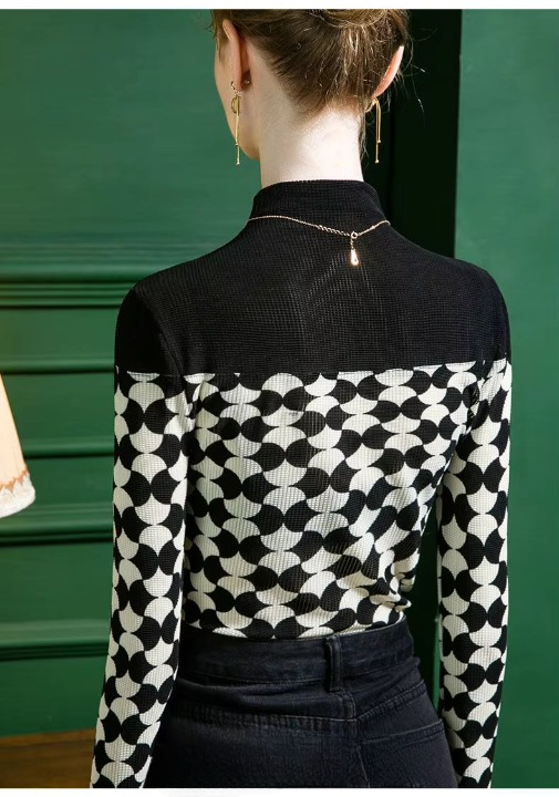 Printed Fashion Casual Half High Collar Spliced Korean Slim Long Sleeve Printed T-shirt - Image 2