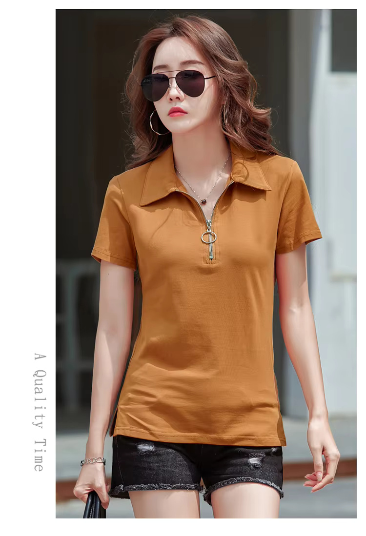 Elegant Style Zipper Neck Short Sleeve Polo Cotton T Shirt - Image 8