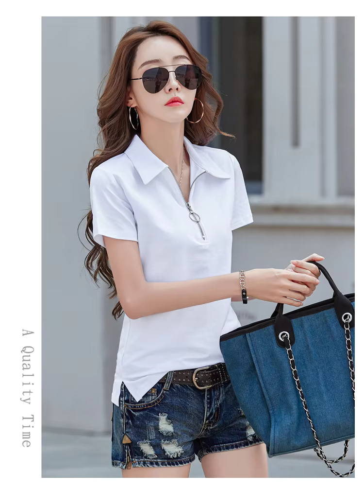 Elegant Style Zipper Neck Short Sleeve Polo Cotton T Shirt - Image 9