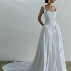 Simple Basque Waist Ball Gown Square Neck Sleeveless Bridal Dresses