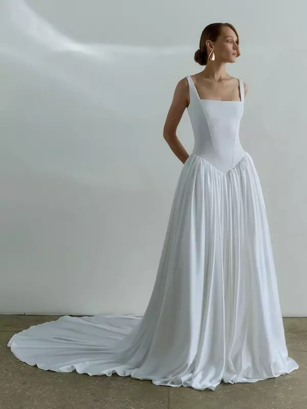 Simple Basque Waist Ball Gown Square Neck Sleeveless Bridal Dresses