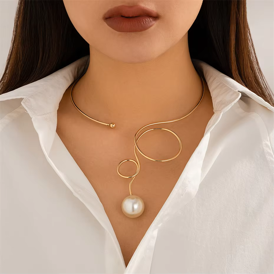 Simple Pearl Punk Geometric Twisted Open Torques Choker Necklace