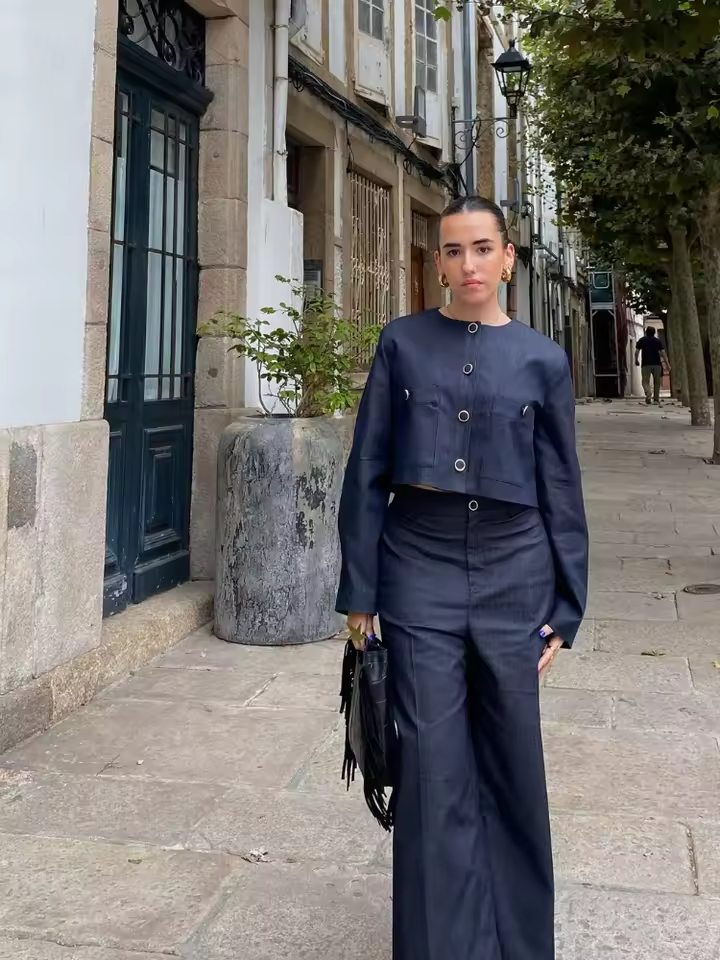 Single Breasted Round Neck Shirt High Waisted Pant With Pocket 2 Piece Set - Image 5