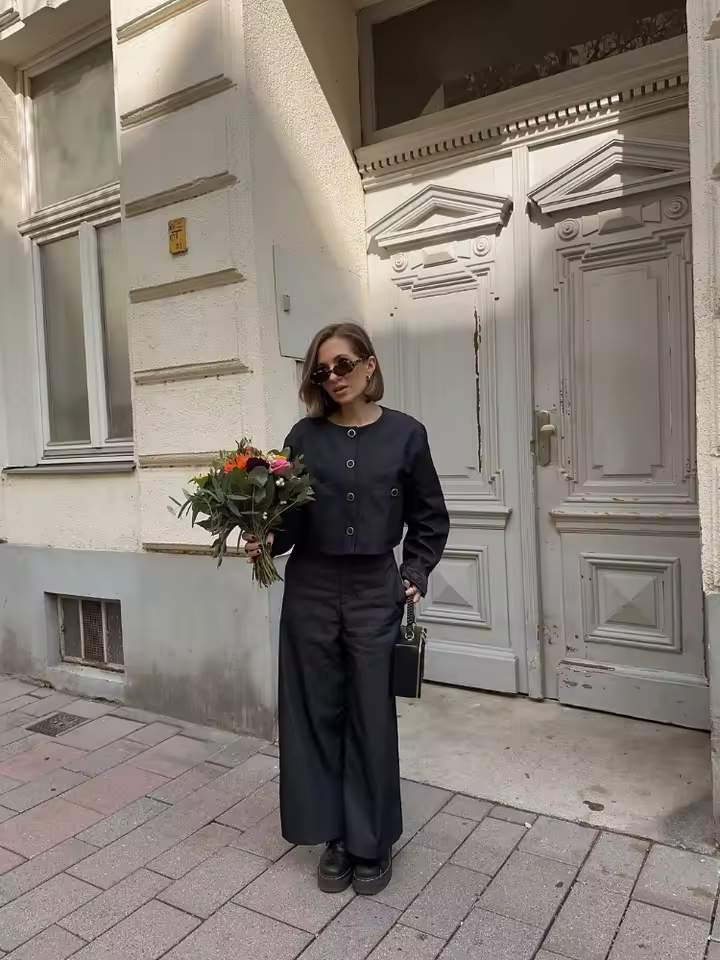 Single Breasted Round Neck Shirt High Waisted Pant With Pocket 2 Piece Set - Image 4