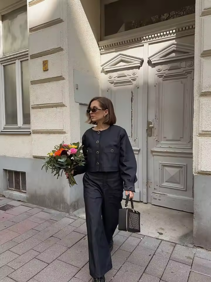 Single Breasted Round Neck Shirt High Waisted Pant With Pocket 2 Piece Set - Image 3