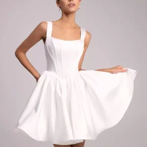 Square Neck Sleeveless Short Natural Waist Satin Fabric Bridal Wedding Gowns