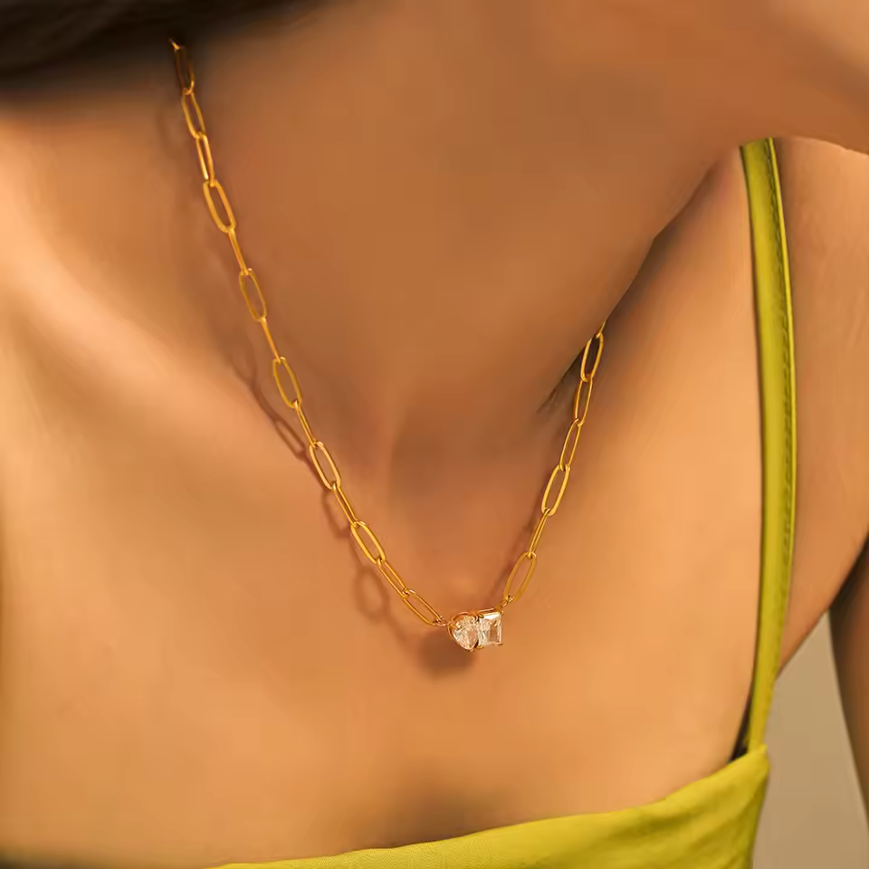 Square Waterdrop Cubic Zirconia Paper Clip Link Chain Stainless Steel Necklace