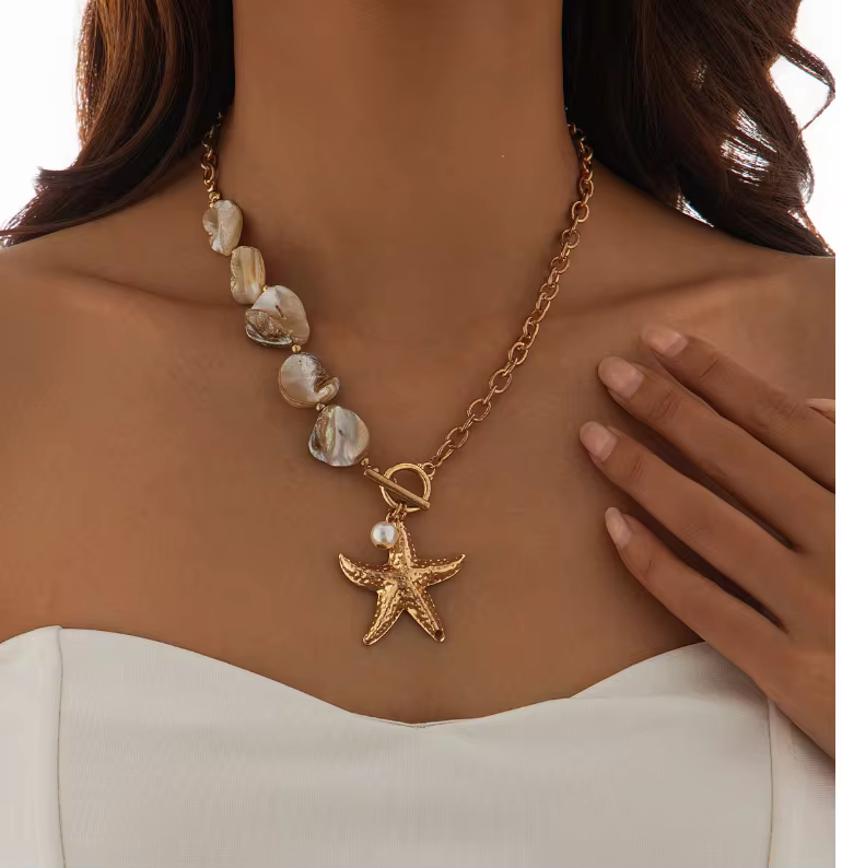 Starfish Beaded Shell Niche Vacation Style Pendant Necklace
