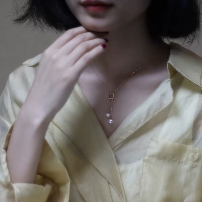 Sterling Silver Double Pearl Y-shaped Long Tassel Premium Light Sweater Chain Necklace