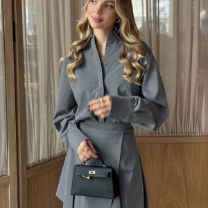 Elegant Long Sleeve Shirt With High Waist Mini Skirt 2 Piece Sets