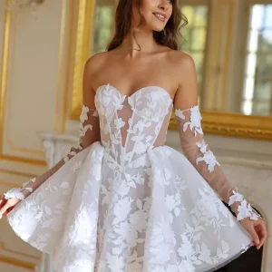 Sweetheart Neck Half Sleeves Natural Waist Lace Bridal Short Wedding Dresses