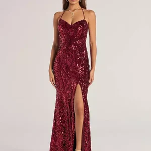 Sweetheart Neckline Tie-back Halter Straps Sequin Mermaid Long Dress