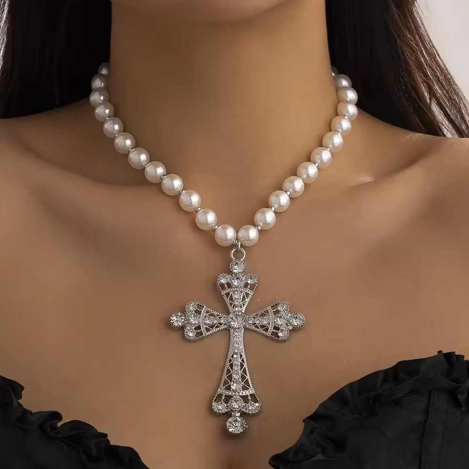 Elegant Charming Imitation Pearl Goth Large Cross Party Necklace - Image 2