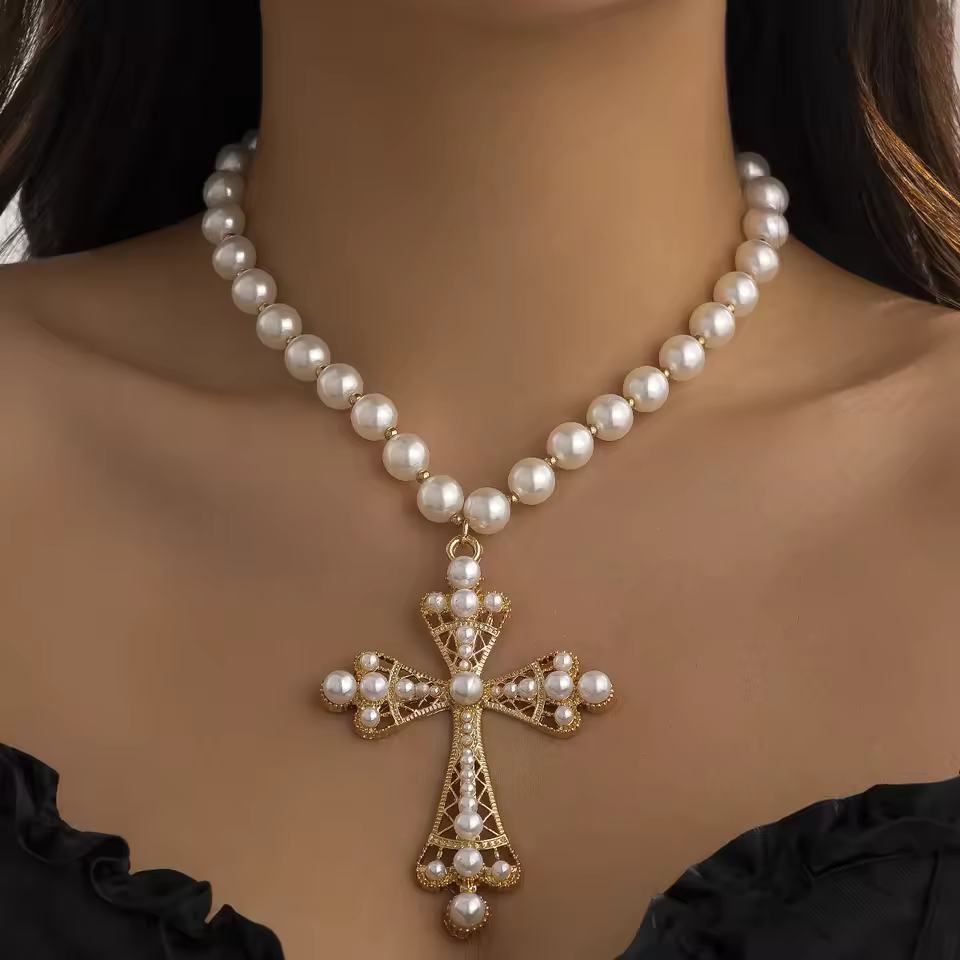 Elegant Charming Imitation Pearl Goth Large Cross Party Necklace - Image 3