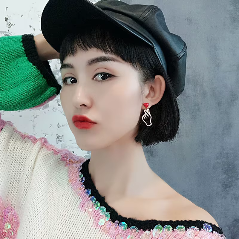 Trendy Finger Heart Love Hand Gesture Asymmetry Stud Valentine's Day Earrings