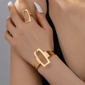 Trendy Geometric Square Hollowed Out Ring And Bracelet 2Pcs Set