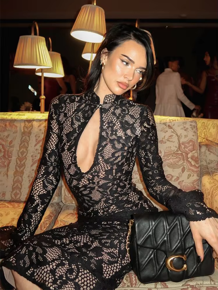 Trendy Long Sleeves O-Neck Hollow Out Slim Fit See Through Maxi Dress - Image 2