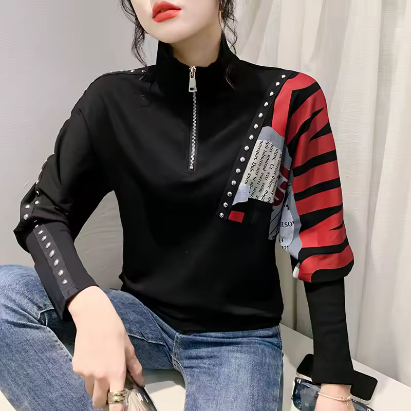 Turn Down Collar Print Zipper Diamonds Long Sleeve Tshirt