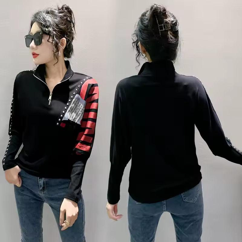 Turn Down Collar Print Zipper Diamonds Long Sleeve Tshirt - Image 3