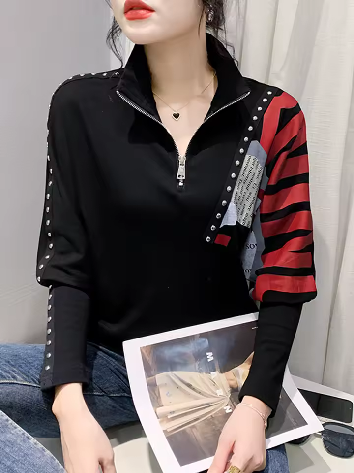 Turn Down Collar Print Zipper Diamonds Long Sleeve Tshirt - Image 2