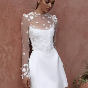Two-piece Flowers Long Sleeves Lace Bridal Wedding Short Dresses