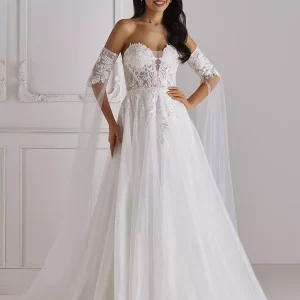 V-Neck Half Sleeves With Train Tulle Bridal Wedding Gowns