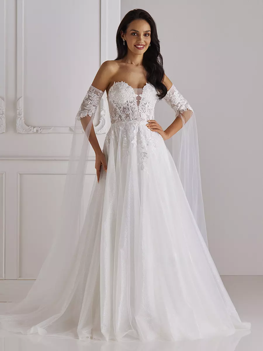 V-Neck Half Sleeves With Train Tulle Bridal Wedding Gowns