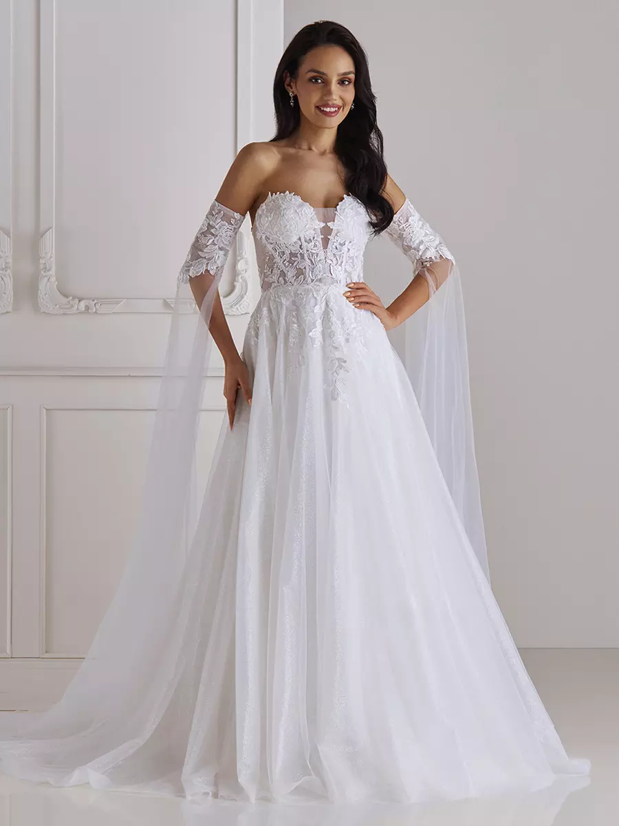 V-Neck Half Sleeves With Train Tulle Bridal Wedding Gowns - Image 2