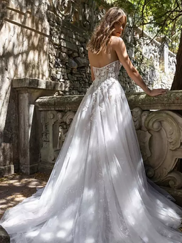 V-Neck Half Sleeves With Train Tulle Bridal Wedding Gowns - Image 3